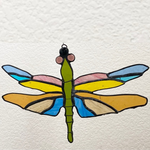 Vintage Stained Glass Dragonfly Window Hanging Sun Catcher 9”X6” Needs REWORK - Picture 2 of 11